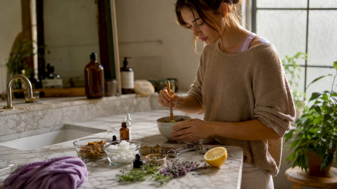 Woman mixing natural body scrub ingredients