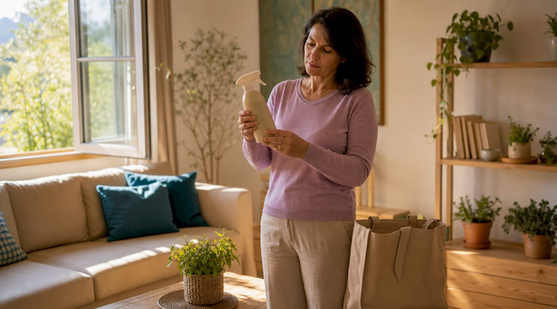 Woman reading natural cleaning product label in kitchen