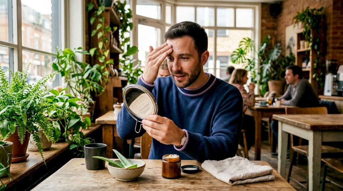 Man applying natural moisturizer in bathroom