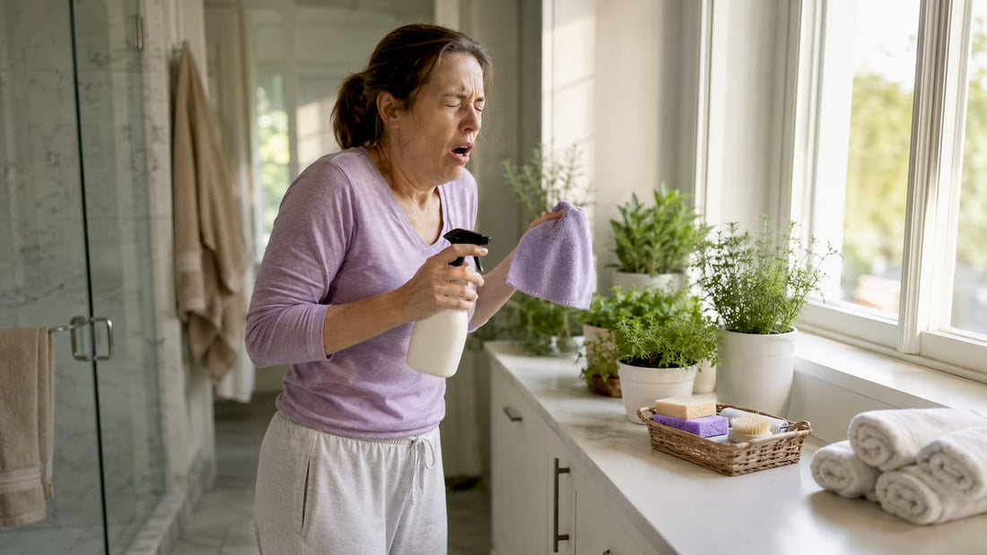 Woman reacting to cleaning product in kitchen
