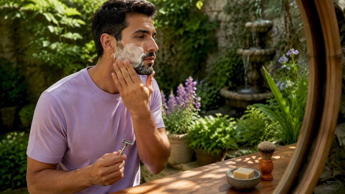 Man using stainless steel eco-friendly razor in bathroom