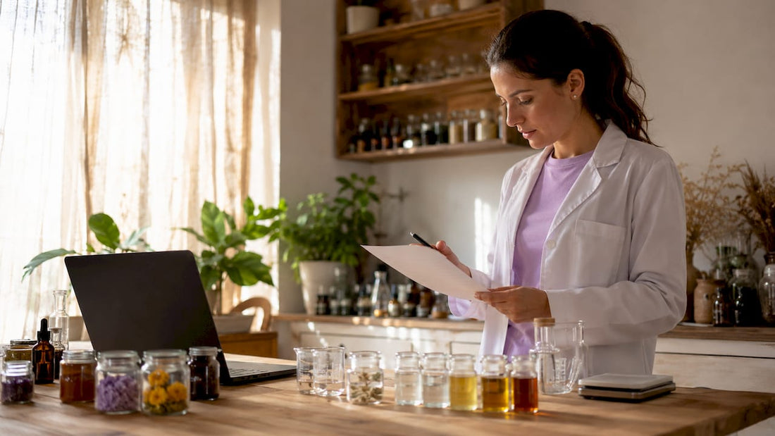 Cosmetic chemist reviewing lotion ingredients checklist