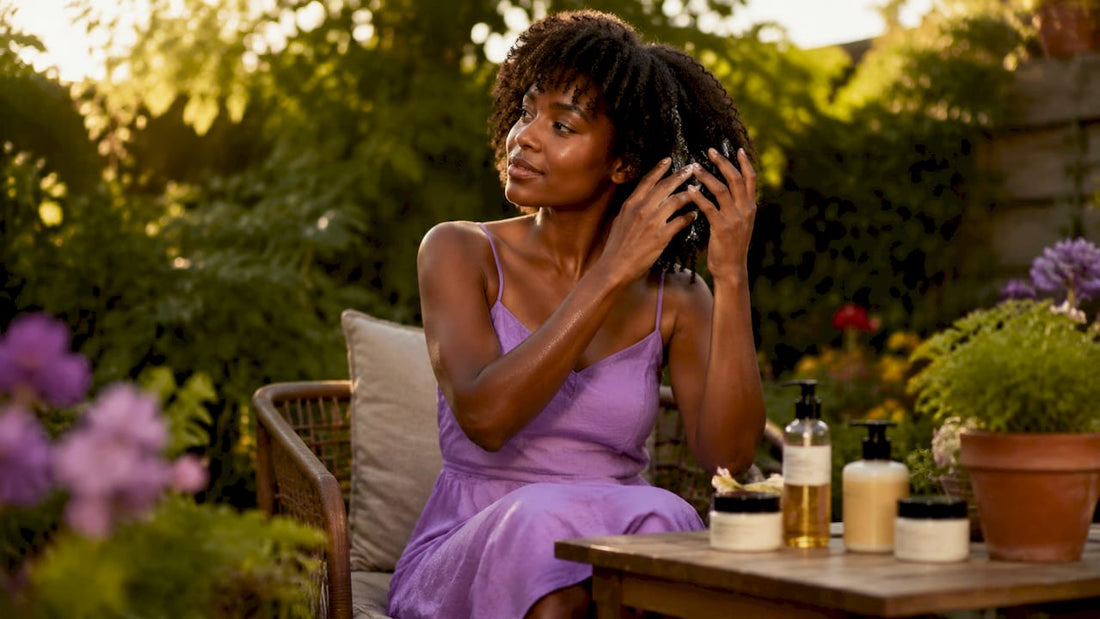 Woman applying moisturizer to natural curly hair at home