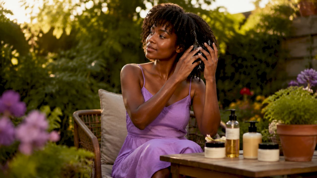 Woman applying moisturizer to natural curly hair at home