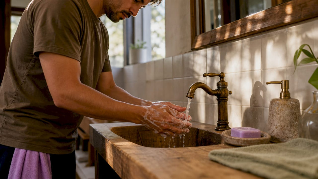 Man washing hands at bathroom sink
