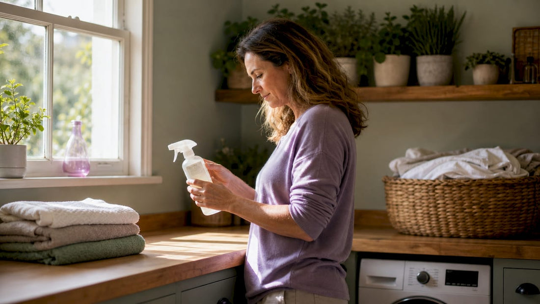 Person reading biodegradable cleaner label in kitchen