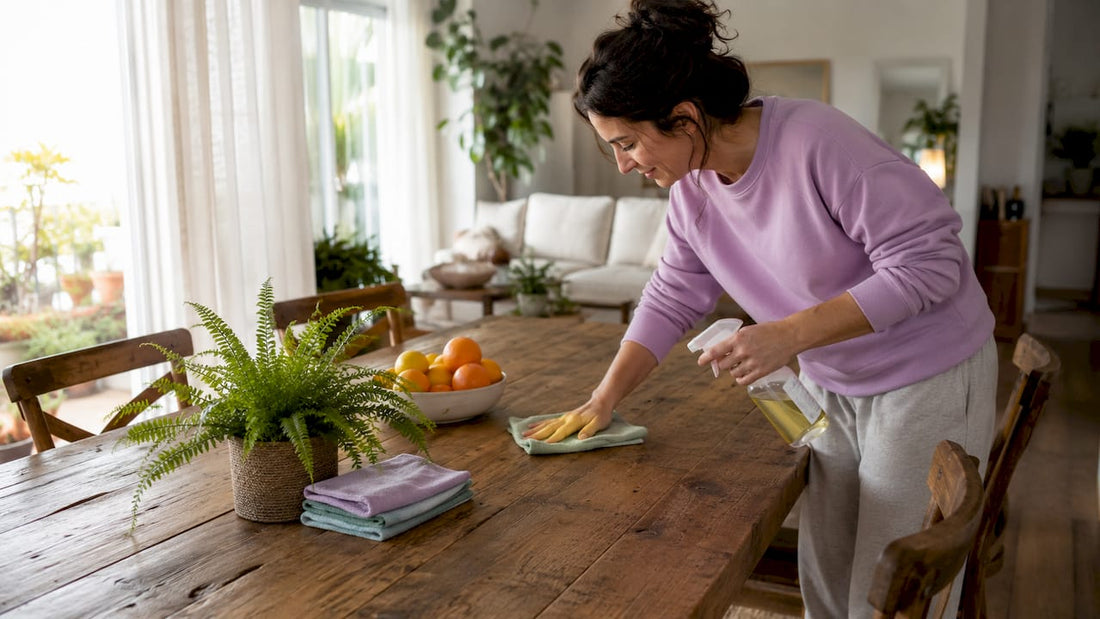 Woman cleaning kitchen countertop with eco-friendly spray