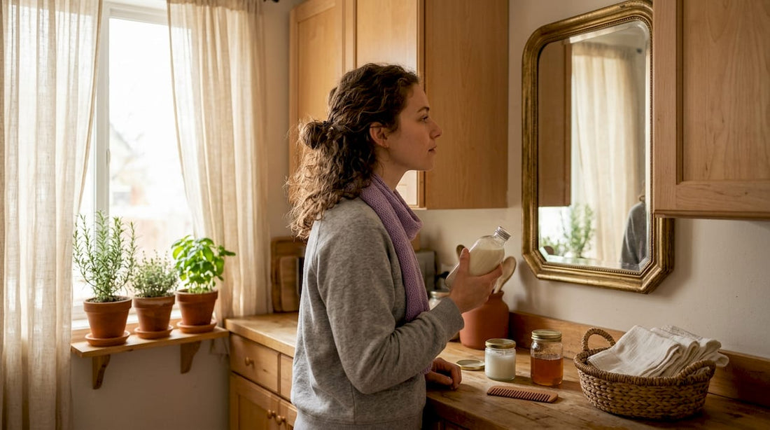 Woman using natural grooming products in bathroom