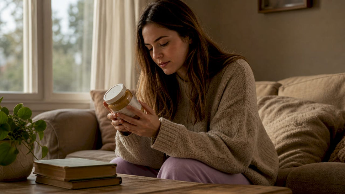 Woman reading ingredient label in kitchen
