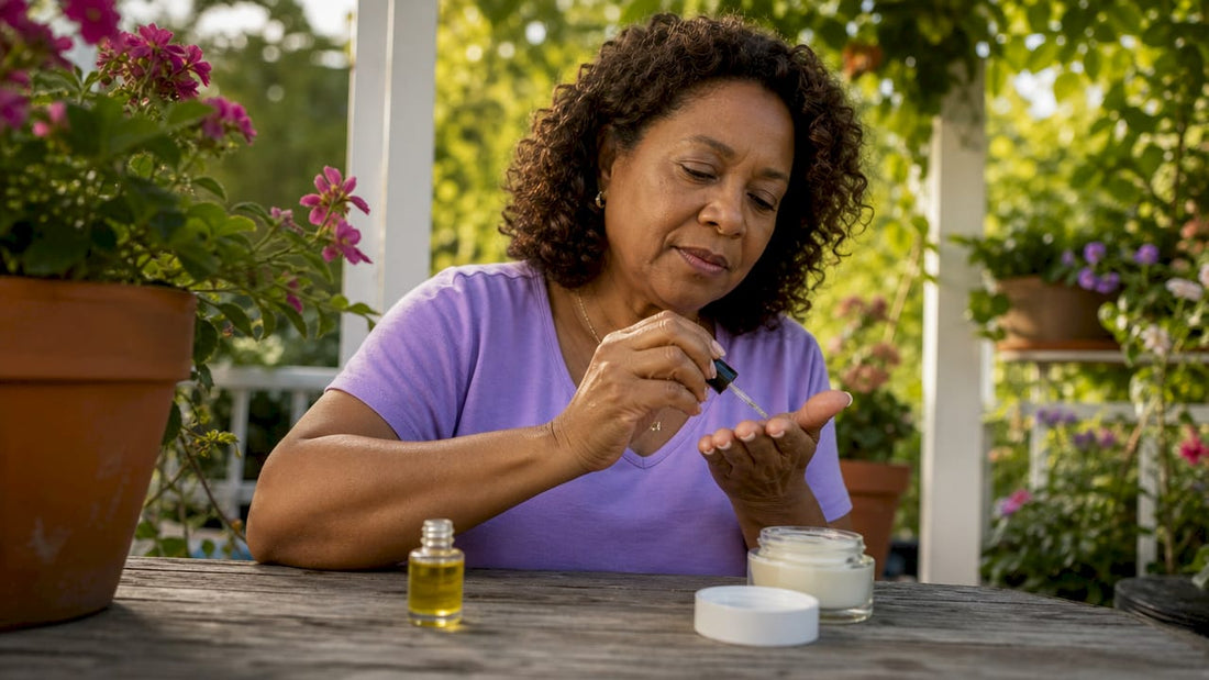 Woman applying oil to natural nails at home