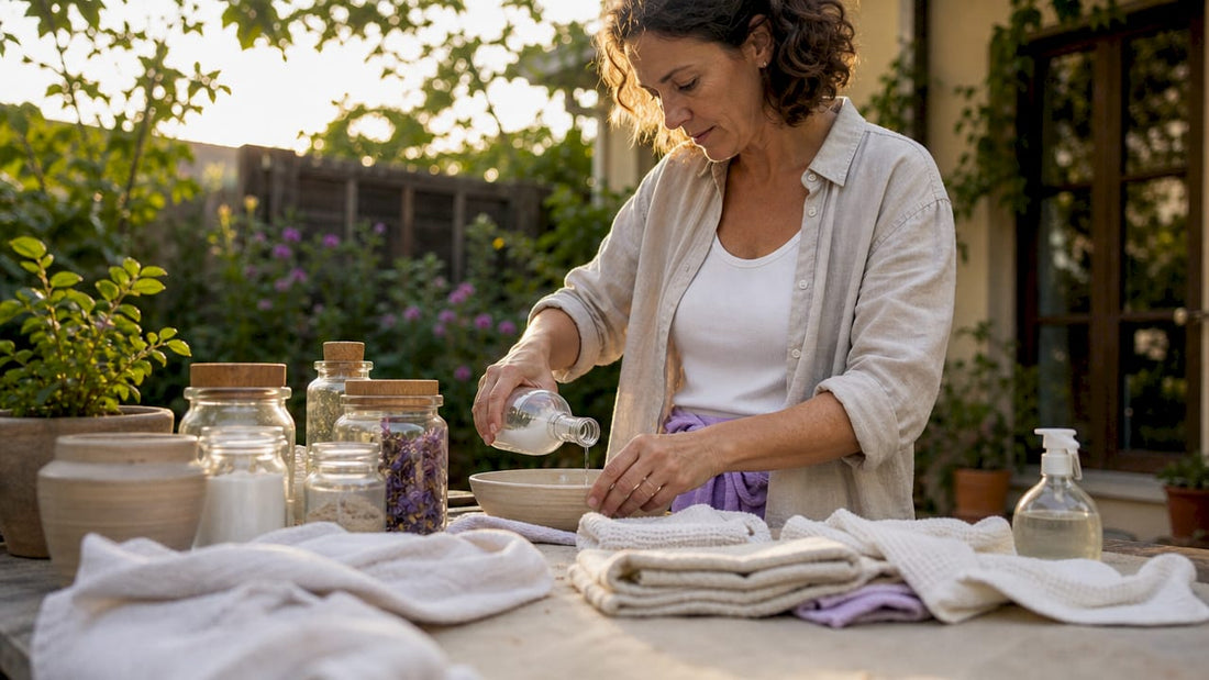 Woman preparing natural cleaning ingredients in kitchen