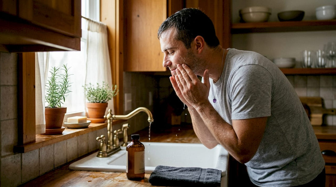 Man applying natural face wash in bathroom