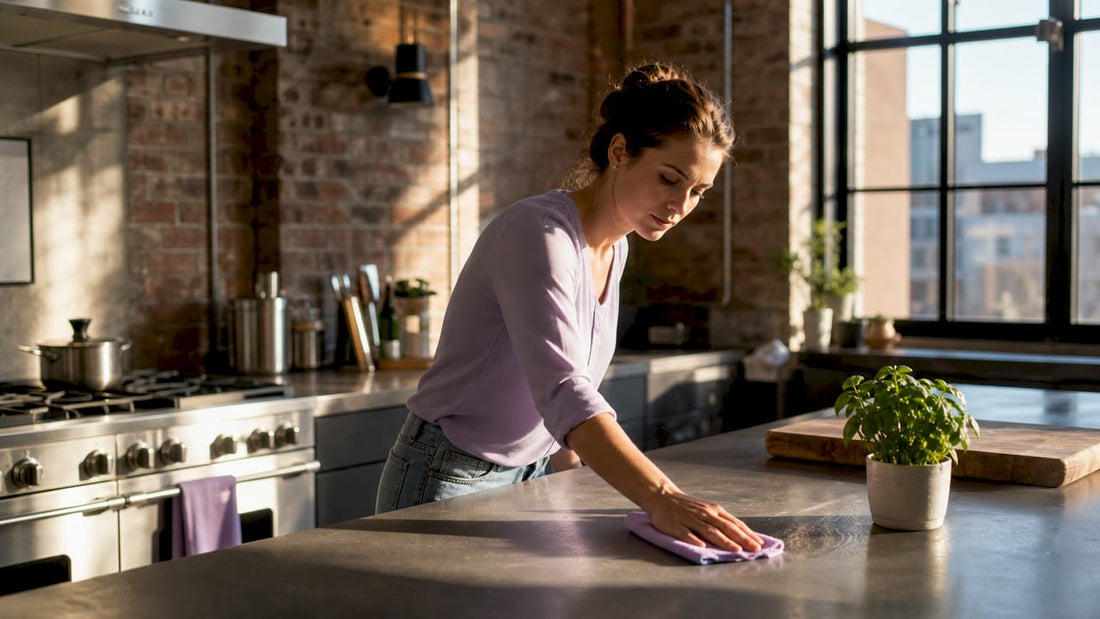 Woman cleaning kitchen countertop in home environment