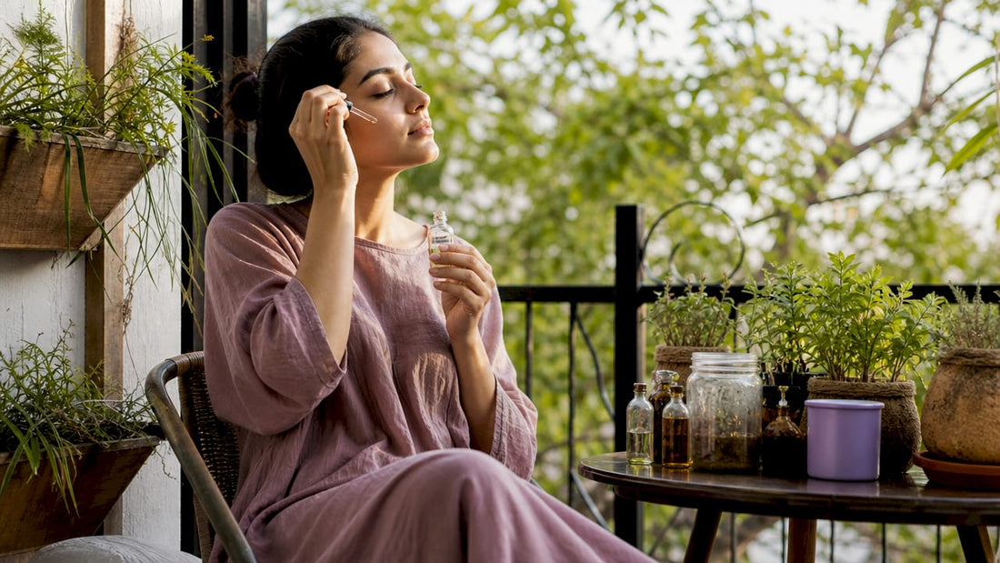 Woman applying natural skincare serum in bathroom
