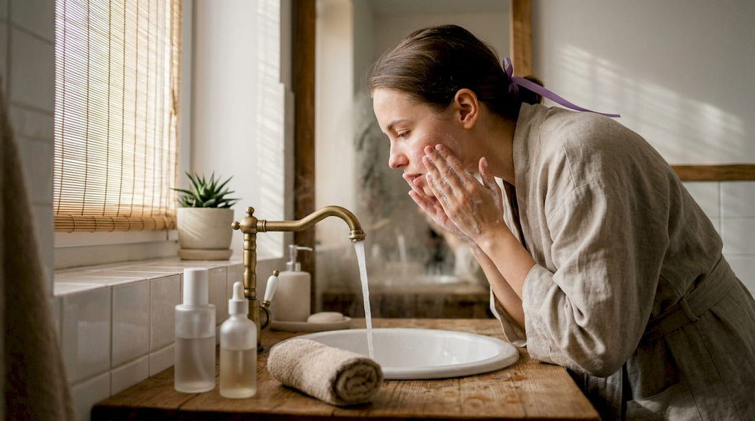 Woman washing face with water and cleanser