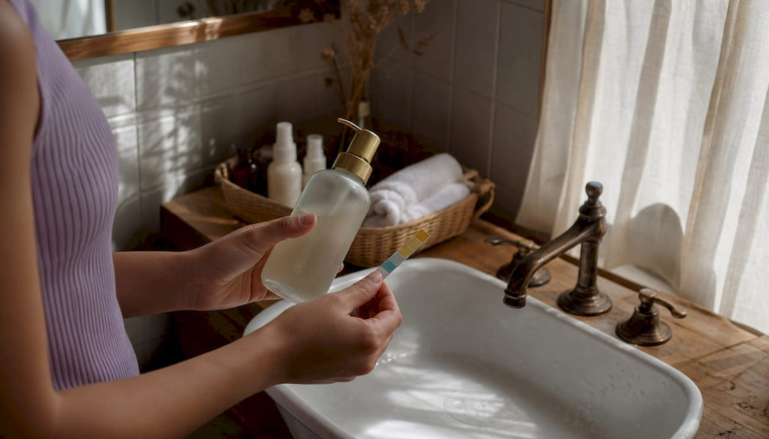 Hands testing body wash pH with strip in bathroom