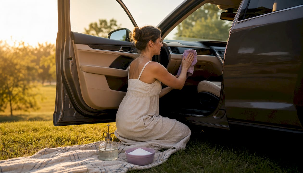 Woman cleaning car dashboard with microfiber cloth