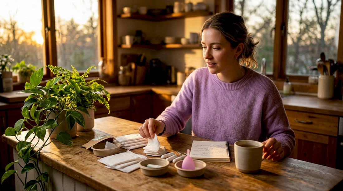 Woman sorting natural period care products at table