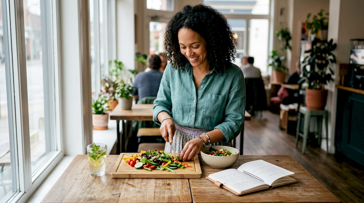 Woman preparing fresh salad for gut health