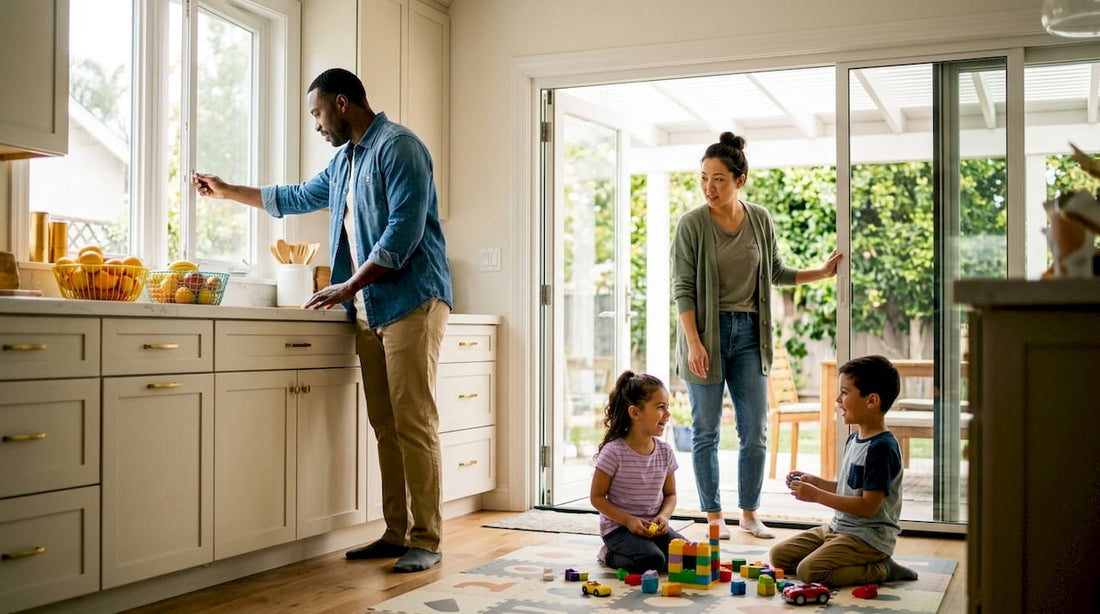 Family opening windows to reduce home chemical exposure