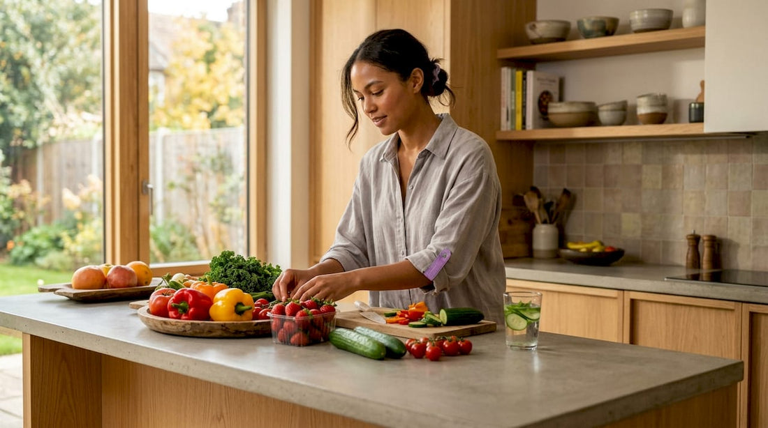 Woman preparing clean eating meal in kitchen