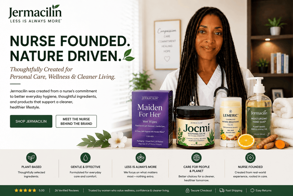 Jermacilin Nurse-Founded personal care brand featuring the Nurse founder Lisa Hargrove with Maiden For Her, Jocmi, Lemeric and Jermacilin moisturizing hand soap. 