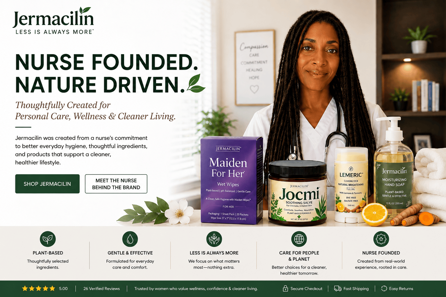 Jermacilin Nurse-Founded personal care brand featuring the Nurse founder Lisa Hargrove with Maiden For Her, Jocmi, Lemeric and Jermacilin moisturizing hand soap. 